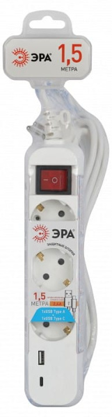 Удлинитель с выключателем Эра  UB-3es-1,5m-USB