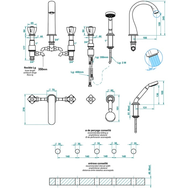 Смеситель для ванны THG Ptale de Cristal clair liser dor U6E.F01.1132SG золото
