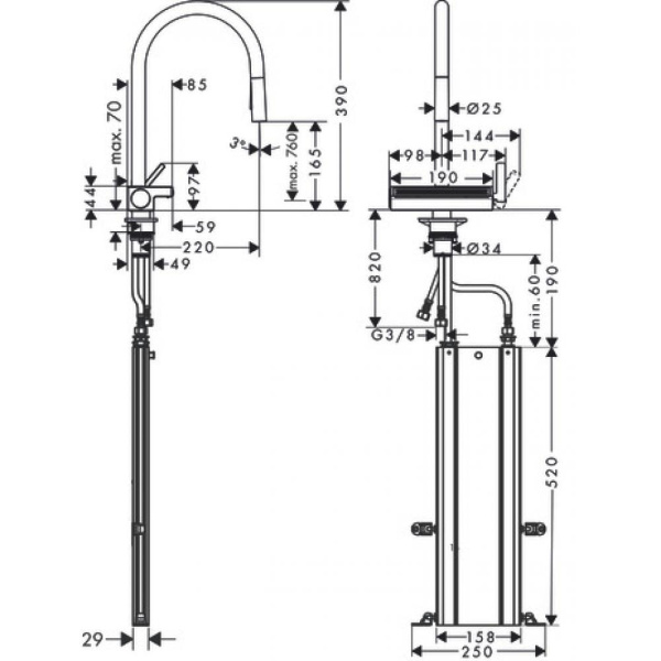 Смеситель для кухни hansgrohe Aquno Select M81 170 3jet sBox 73831670 с вытяжным душем матовый черный