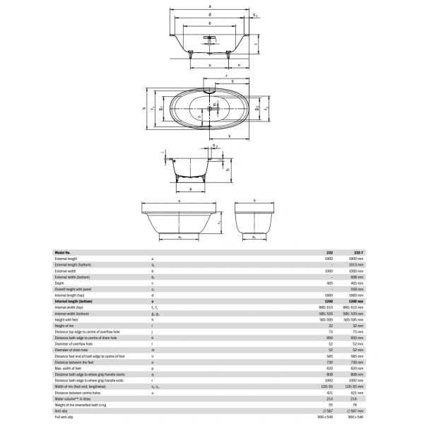 Ванна стальная Kaldewei Ellipso Duo Oval 232 286230003001 190x100 см, с антискользящим и водоотталкивающим покрытием, альпийский белый