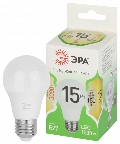 Лампа светодиодная Эра Green Line E27 15Вт 3000K LED A60-15W-830-E27 GL