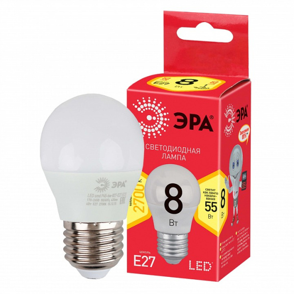 Лампа светодиодная Эра  E27 8Вт 2700K LED P45-8W-827-E27 R