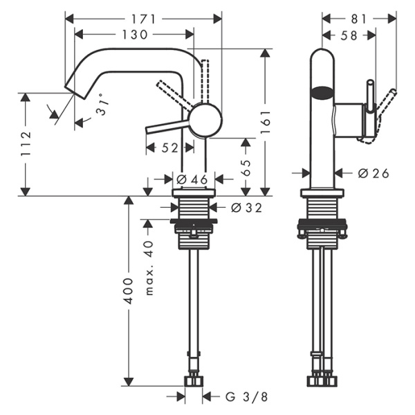 Смеситель для раковины Hansgrohe Tecturis S 73320140 шлифованная бронза