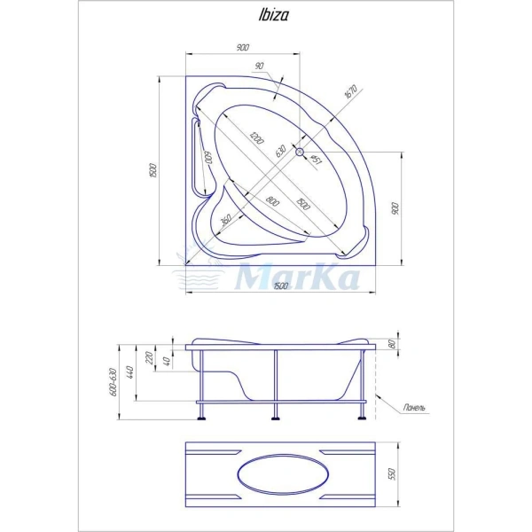 Акриловая ванна 150x150 см 1Marka Ibiza 01иб1515