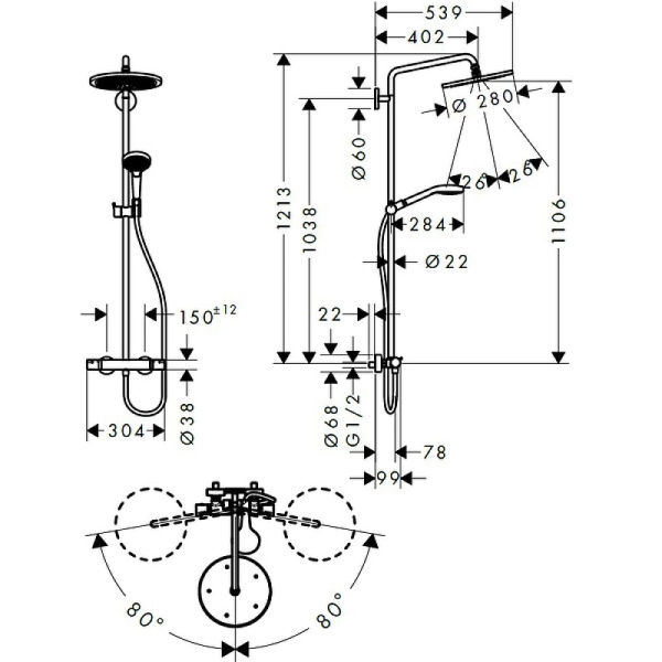 Душевая стойка hansgrohe Croma Select S 280 26890670 1 режим струи черный матовый