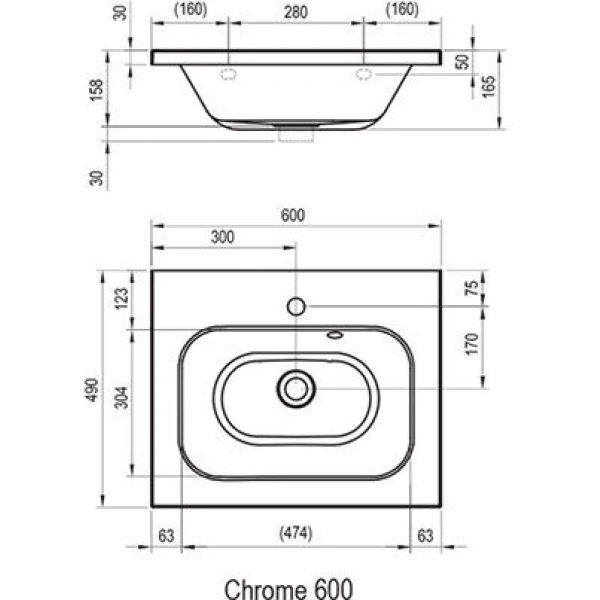 Умывальник 60 см Ravak Chrome 600 со скрытым переливом XJG01260000