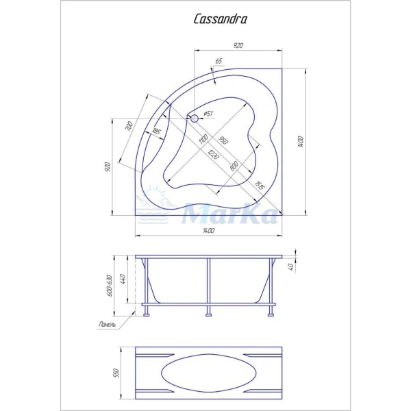 Акриловая ванна 140x140 см 1Marka Cassandra 01кас1414