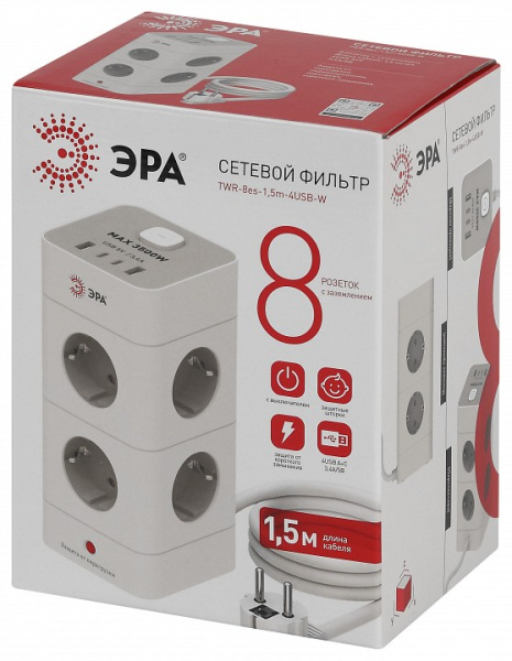 Сетевой фильтр Эра  TWR-8es-1,5m-4USB-W