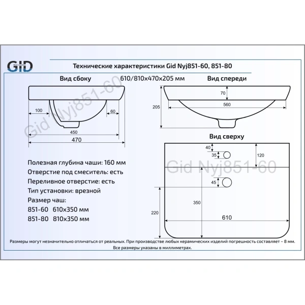 Раковина 81x47 см GID Simple N NYJ851-80