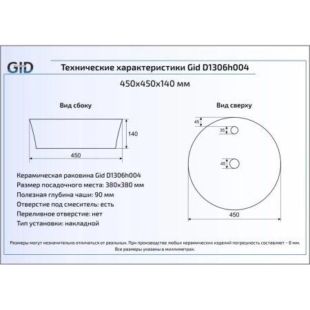 Раковина 45x45 см GID LuxeLine D1306h004
