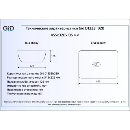 Раковина 45,5x32 см GID LuxeLine D1333h020