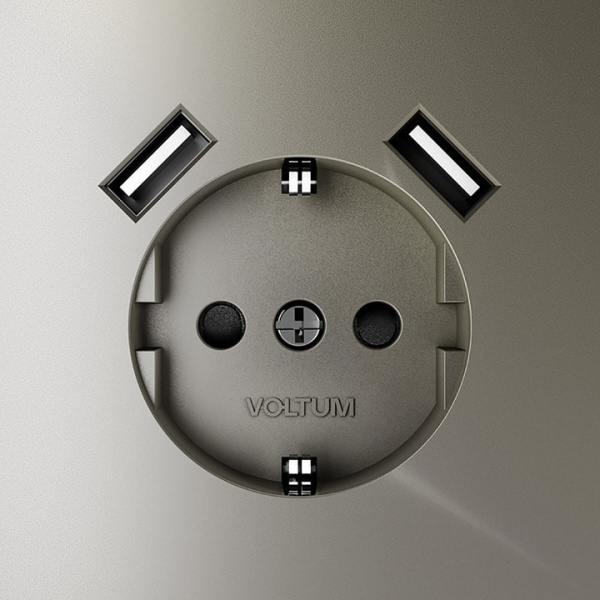 Розетка с заземлением и со шторкой и 2хUSB type A без рамки Voltum S70 VLS040404