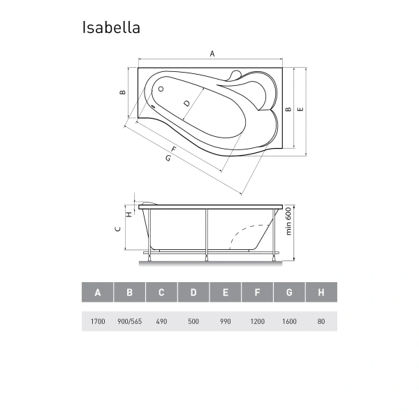 Акриловая ванна 170x90 см R Relisan Isabella GL000010530