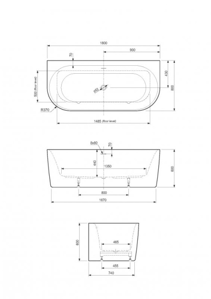 Акриловая ванна Cezares Metauro 180х80 METAURO-INT-Wall-180-80-60-B-W-MATT черный