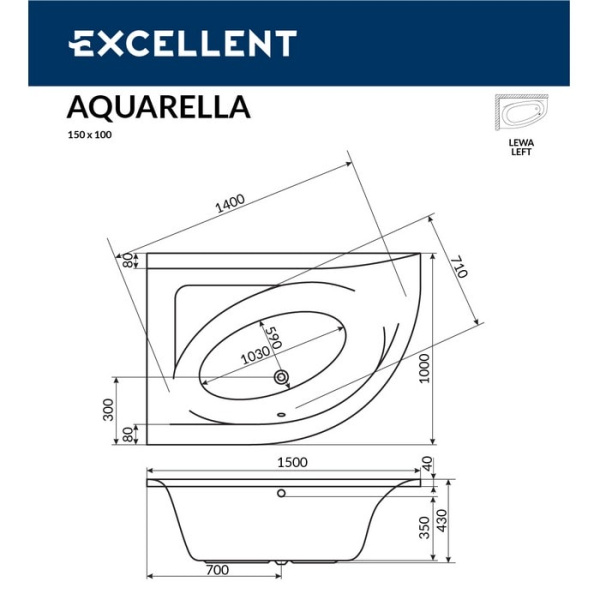 Акриловая ванна Excellent Aquarella 150x110 WAEX.ARL15.NANO.GL белый, золото