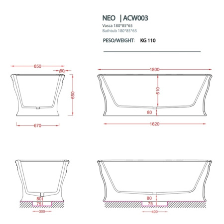 Ванна отдельностоящая Artceram Neo 180х85 ACW003 05 bi matt