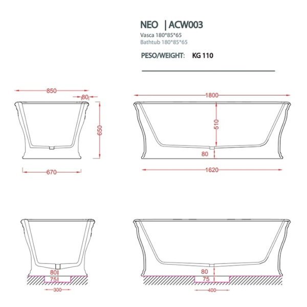 Ванна отдельностоящая Artceram Neo 180х85 ACW003 05 bi matt