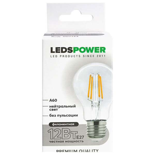 Лампа светодиодная LEDS POWER A60 E27 12Вт 4000K 007144