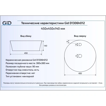 Раковина 45x45 см GID LuxeLine D1306h012