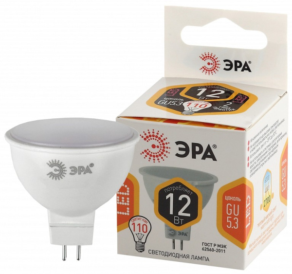 Лампа светодиодная Эра Стандарт GU5.3 12Вт 2700K LED MR16-12W-827-GU5.3