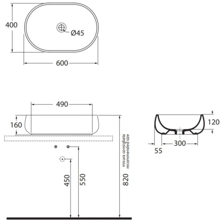 Раковина чаша 60x40 см Azzurra Nuvola NUV200/AP6bi