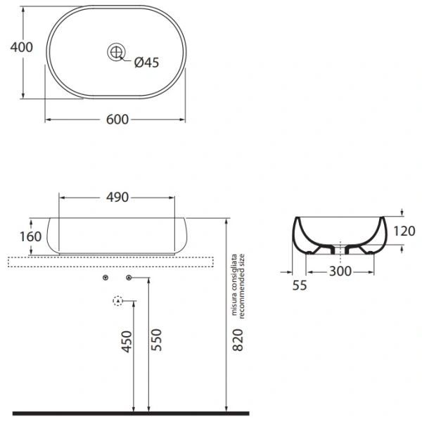 Раковина чаша 60x40 см Azzurra Nuvola NUV200/AP6bi