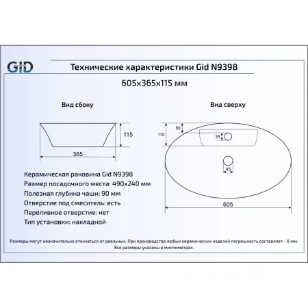 Раковина 60,5x36,5 см GID Simple N N9398