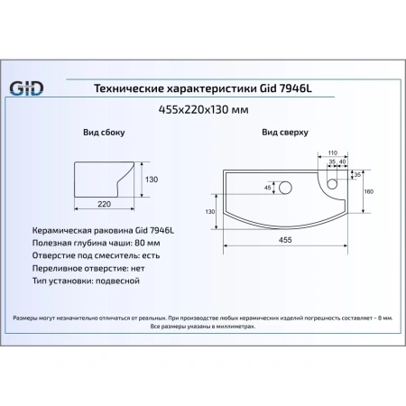 Раковина 41,5x22 см GID Simple N 7946L