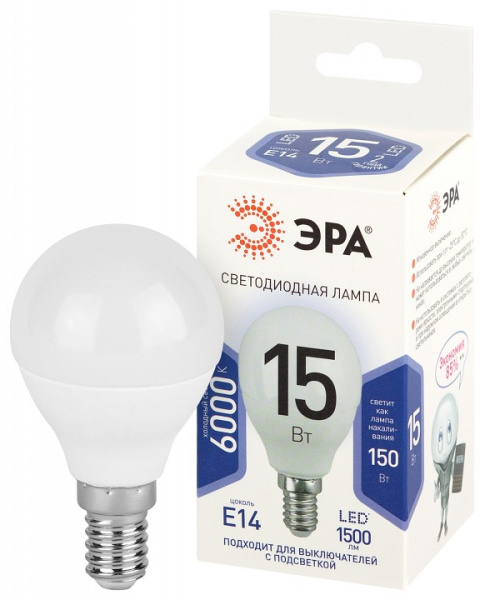 Лампа светодиодная Эра Стандарт E14 15Вт 6000K LED P45-15W-860-E14