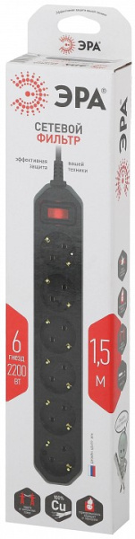 Удлинитель с выключателем Эра  USF-6es-1,5m-B-BOX