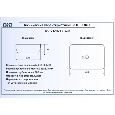 Раковина 45,5x32 см GID LuxeLine D1333h131