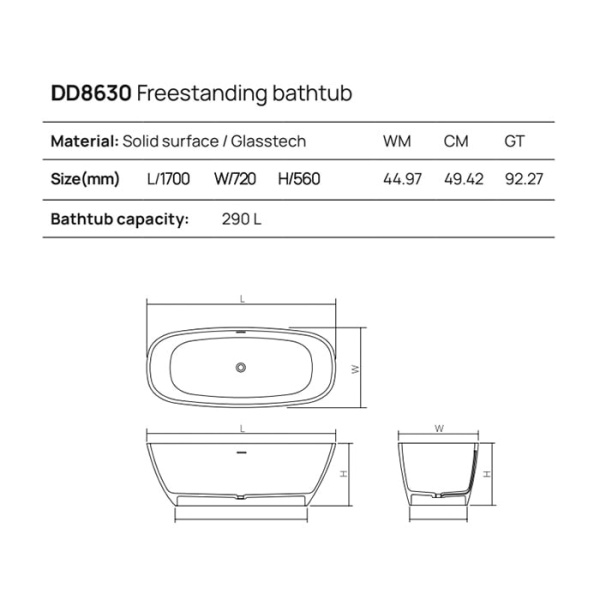 Отдельностоящая ванна Dea Design Soul 170х72х56 DD8630 1700 R4 smoky black