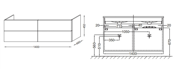 Тумба под раковину 140 см Jacob Delafon Vox EB2070-R1-G1C белый