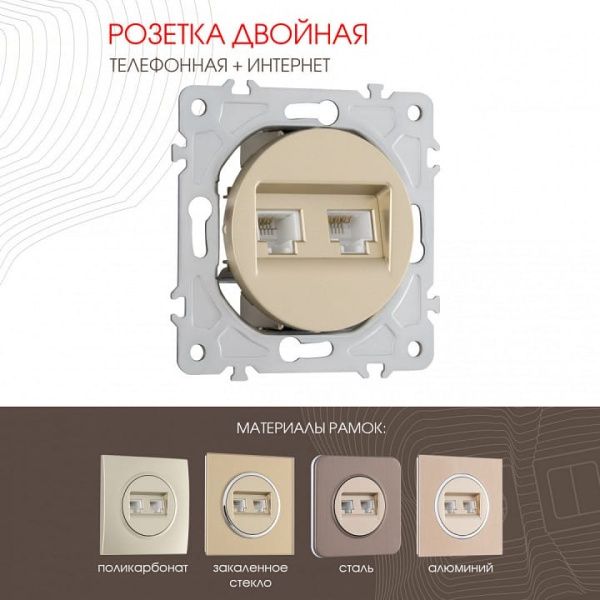 Розетка двойная RJ-11 и Ethernet RJ-45, без рамки Arte Milano am-202 202.44-1.shampan