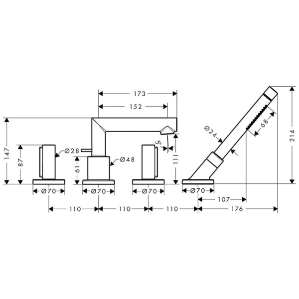 Смеситель на борт ванны Axor Uno 45444000 с душевым гарнитуром
