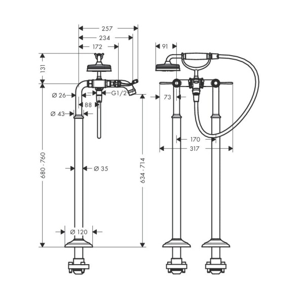 Напольный смеситель для ванны Axor Montreux 16553000 с душевым гарнитуром