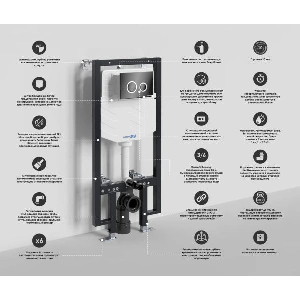 Инсталляция для унитаза WasserKRAFT Vils 56 56TLT.010.ME.PB01 с кнопкой смыва, черный глянец/хром/черный глянец