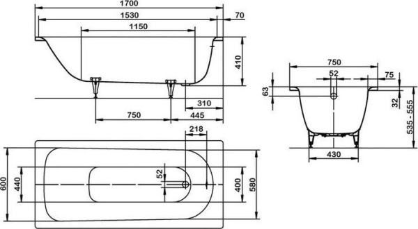 Стальная ванна Kaldewei Saniform Plus 170x70 easy-clean mod. 363-1 111800013001