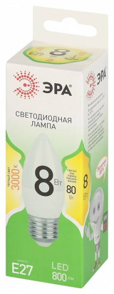 Лампа светодиодная Эра Green Line E27 8Вт 3000K LED B35-8W-830-E27 GL