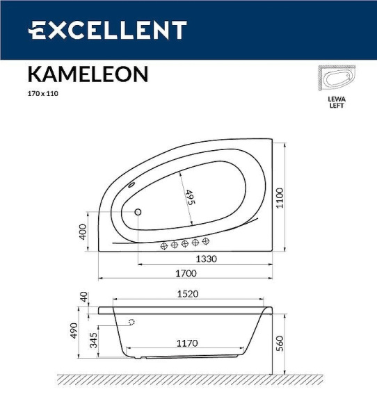 Акриловая ванна Excellent Kameleon 170х110 WAEX.KML17.LINE.CR хром, белый