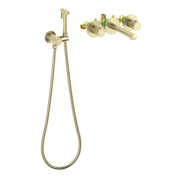 Смеситель для раковины встроенный с термостатом с гигиеническим душем Timo Saona 2383/17SM золото матовое