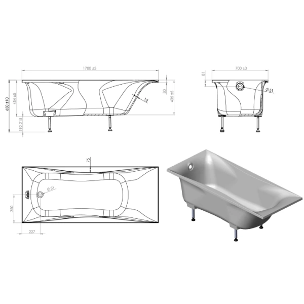 Ванна из литьевого мрамора Astra-Form Вега 01010002 170x70 см, белый