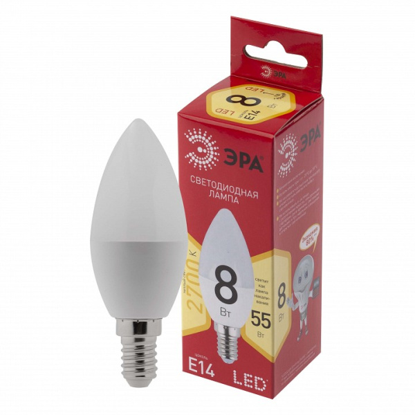 Лампа светодиодная Эра  E14 8Вт 2700K LED B35-8W-827-E14 R