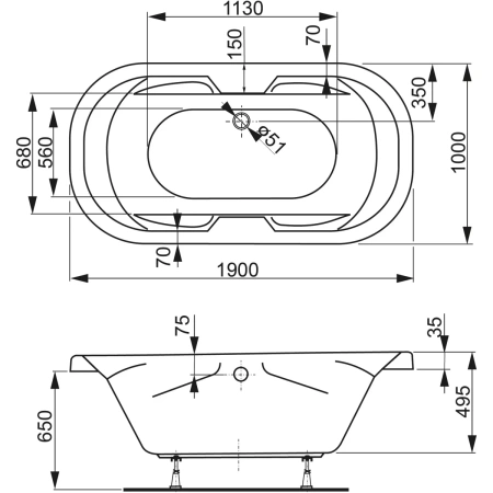Акриловая ванна 190x100 см Vagnerplast Gaia VPBA191GAI7X-04
