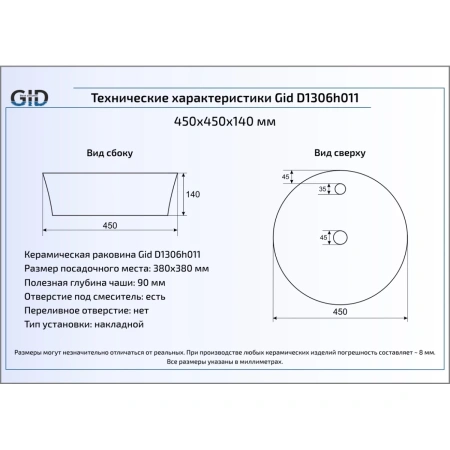 Раковина 45x45 см GID LuxeLine D1306h011