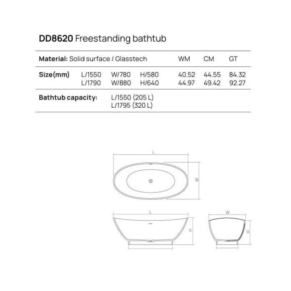 Отдельностоящая ванна Dea Design Elegant 179x88x64 DD8620 1790 R4 smoky black