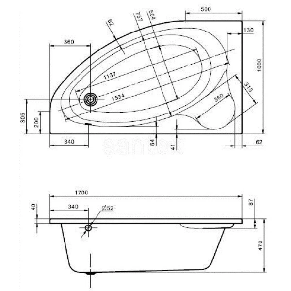 Акриловая ванна 170x100 см L Santek Эдера 1.WH50.1.662