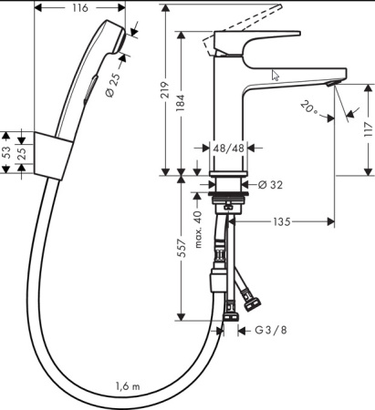 Смеситель для раковины hansgrohe Metropol 74522000 с гигиеническим душем