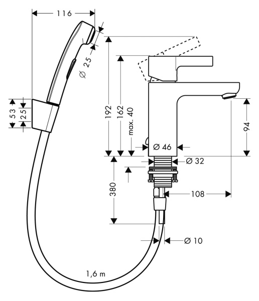 Смеситель для раковины hansgrohe Metris S 31160000 с гигиеническим душем