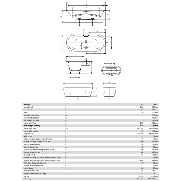 Ванна стальная Kaldewei Vaio Duo Oval 951 233130003001 180x80 см, с антискользящим и водоотталкивающим покрытием, альпийский белый